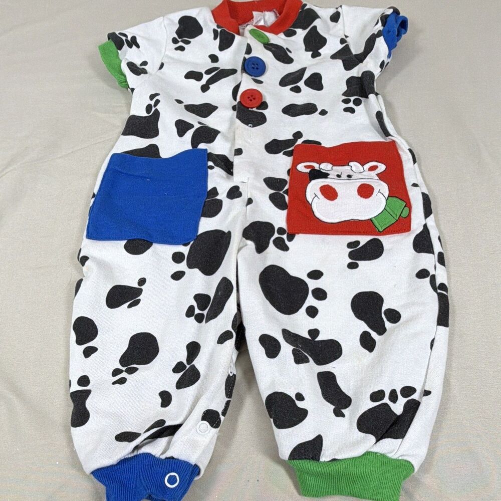 Vintage Buster Brown Baby 12M Cow Print Romper Coveralls Made in USA - 80s?